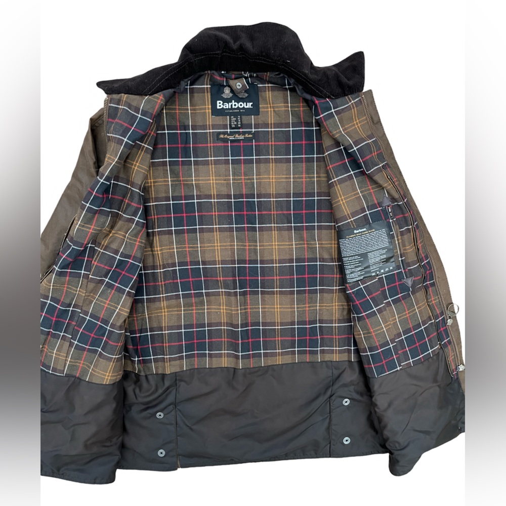 Womens Barbour Waxed Canvas Cotton Olive Green Full Zip Plaid Lined Jacket Sz 12 - Picture 5 of 8